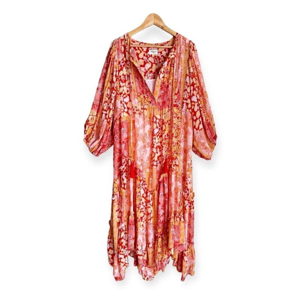 Talisman Sabrina Midi Dress Relaxed Oversized Bohemian Bonfire Size L NEW Boho - Picture 2 of 11
